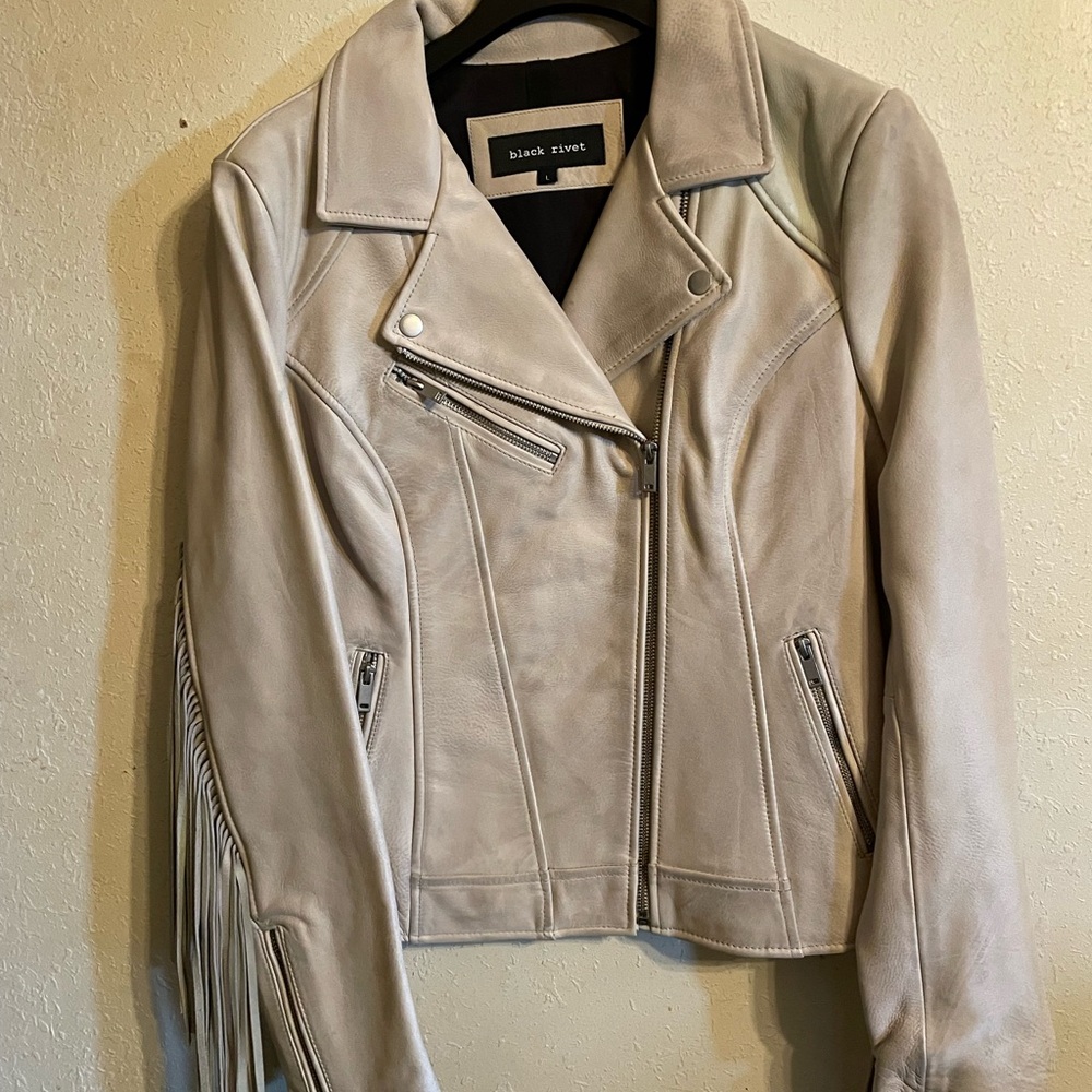 Black Rivet Cream Leather Moto Jacket Asymmetrical Fringed NEW WITH TAGS